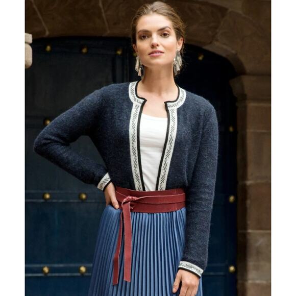 Peruvian Link Feather Cardigan Baby Alpaca Contrast Trim Fuzzy Crew Neck Sweater - Picture 1 of 12